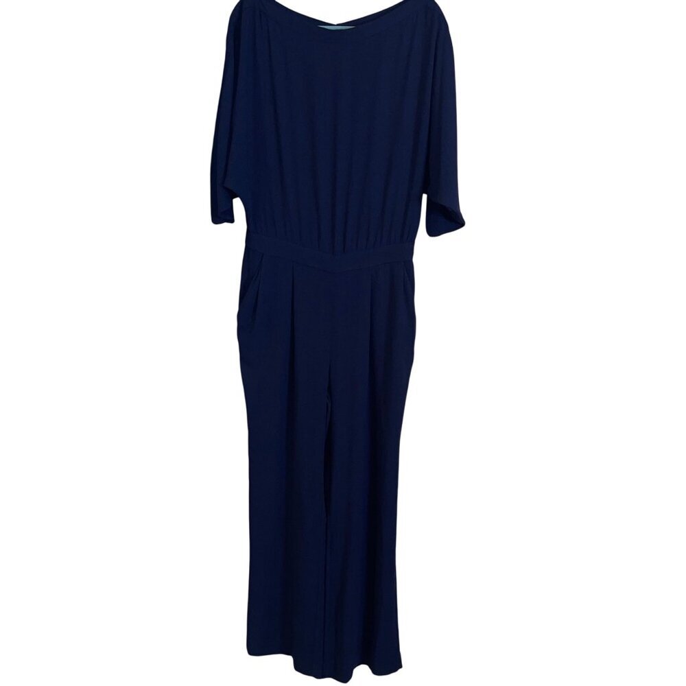 Diane Von Furstenberg Womens Jumpsuit Size 10 Blue Lucy Crepe Pockets Boat Neck